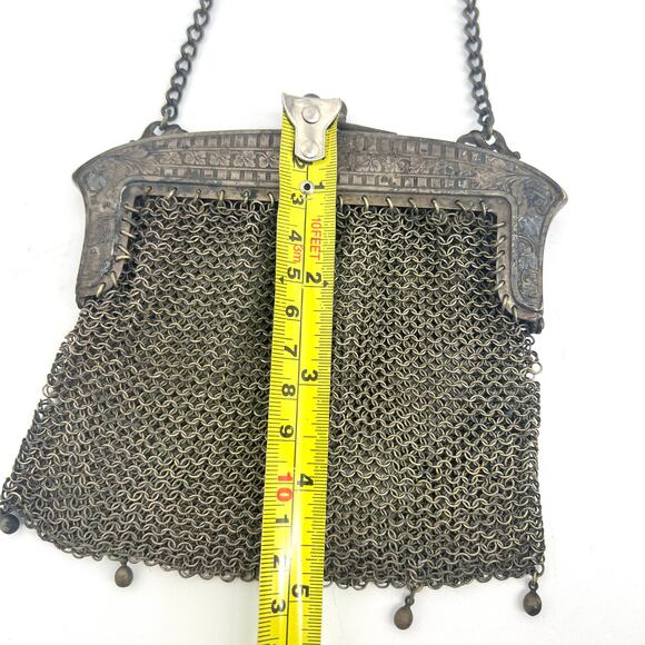 Antique Genuine German Silver Mesh Purse 5" x 5" with 8.5" Strap Drop - Picture 10 of 12